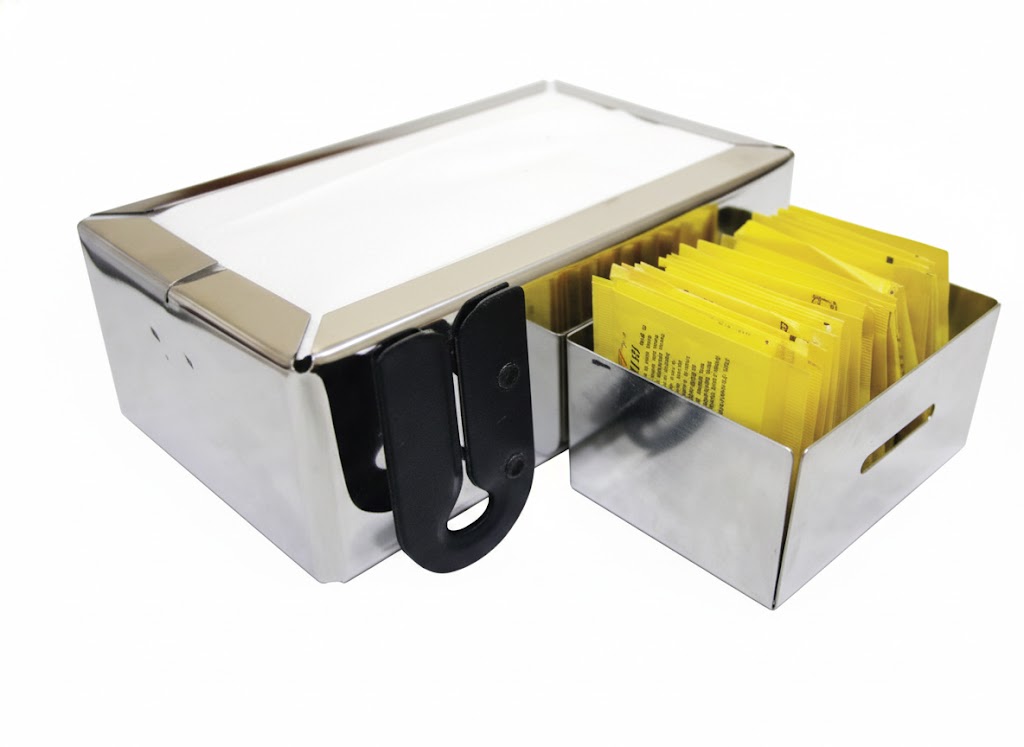 CONJUNTO EM INOX DE GUARDANAPOS DEITADOS COM PORTA SACHE E CORTADOR - GLOBO