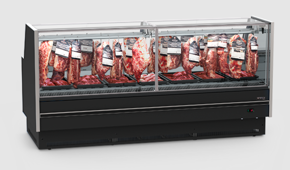 EXPOSITOR AÇOUGUE PRETO PREMIUM VIDRO RETO GANCHEIRA 2,00M - REFRIMATE