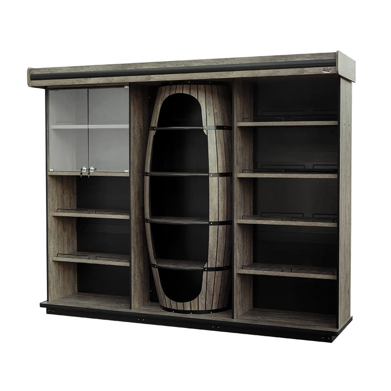 EXPOSITOR PARA VINHOS E BEBIDAS FINAS TIPO ADEGA COM BARRIL EM MDF TERRACOTA - CRISTAL AÇO