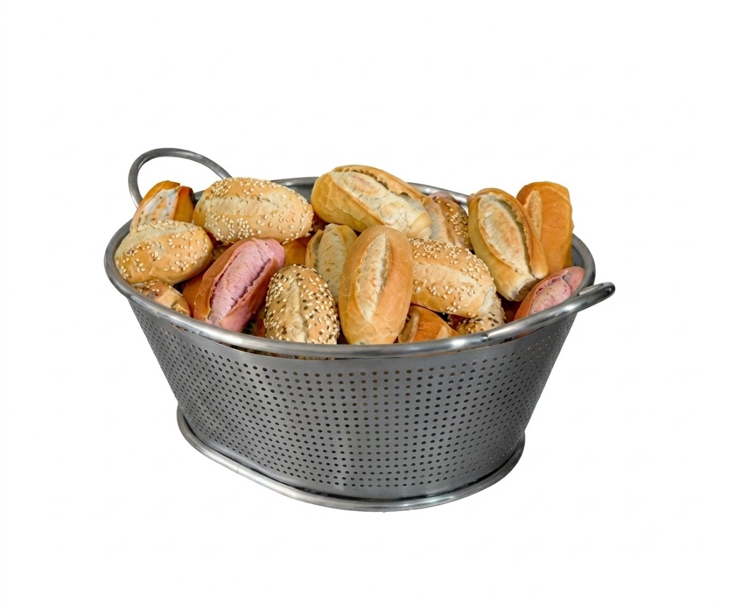 CESTO EXPOSITOR GRANDE PARA PÃES COM ALÇAS EM AÇO INOX MEDINDO 840X605X260MM - CIMAPI