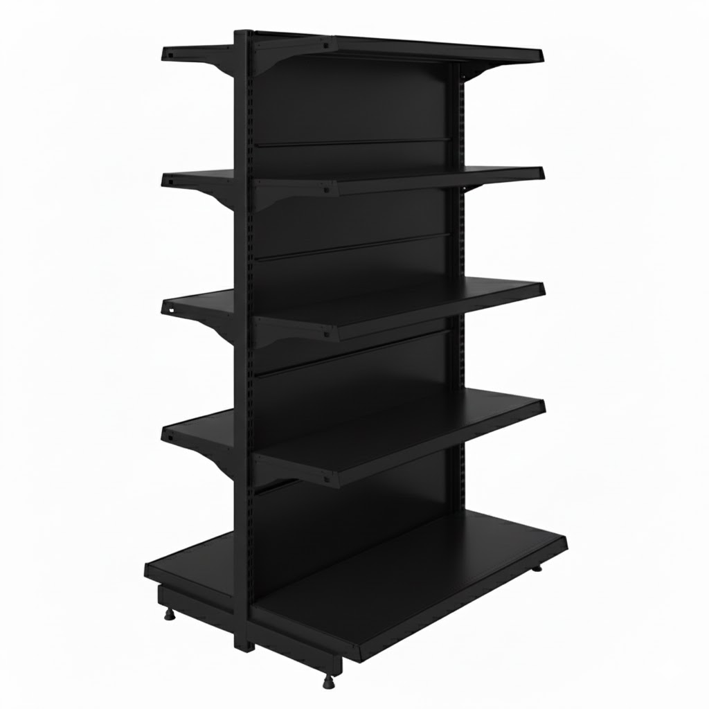 GÔNDOLA CENTRAL INICIAL PRETA 2,10M - MODULAÇÃO 1,00M - BASE + 04 BANDEJAS DE 40CM CRISTAL AÇO